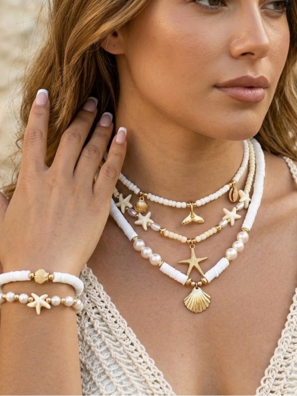 New! White and Gold Layered Coastal Charm Necklace Set and 2 Bracelets